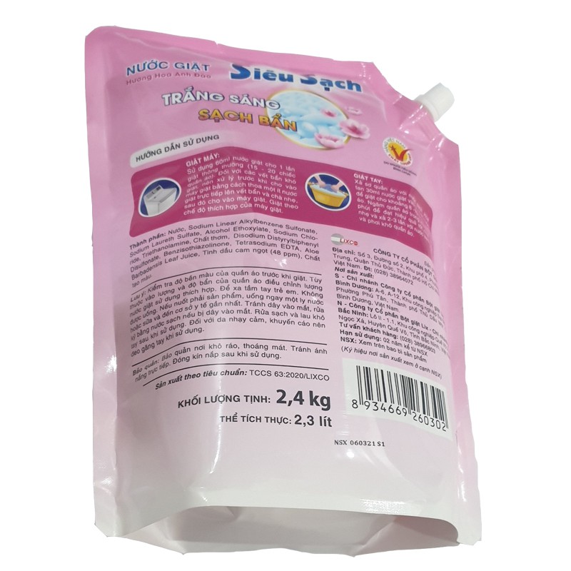 Túi Nước Giặt Lix Siêu Sạch Hương Hoa Anh Đào 2.4Kg - Tẩy Sạch Vết Bẩn Cực Mạnh