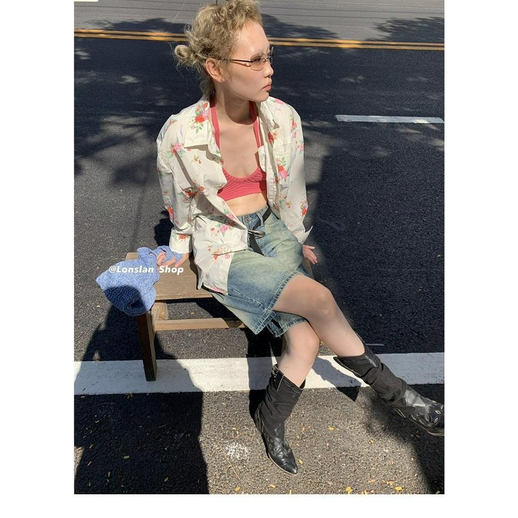 Fine Studio Quần Short Jean Lưng Cao Ống Rộng Dáng Suông Màu Gradient Mùa Hè Cho Nữ