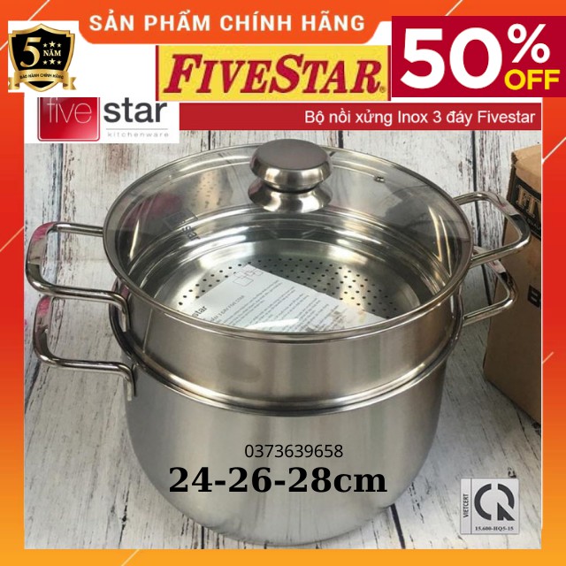 Bộ Nồi Xửng Hấp Inox 3 Đáy Fivestar -Đừơng Kính 24-26-28cm -Nắp Kính -Dùng Bếp Từ Chính Hãng, Bảo Hành 5 Năm