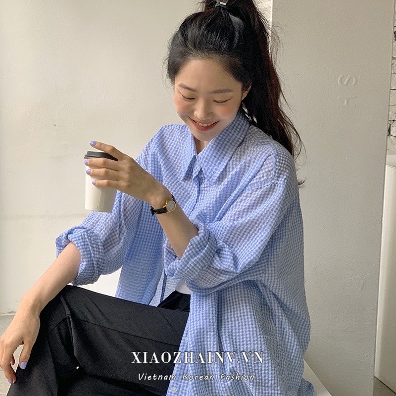 Áo sơ mi XIAOZHAINV cho nữ dáng rộng họa tiết caro phong cách Hàn Quốc