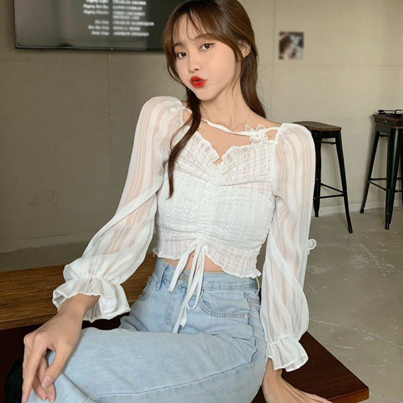 Women's Solid V Neck Butterfly Appliques Sexy Long Sleeve Chiffon Shirts Blouses