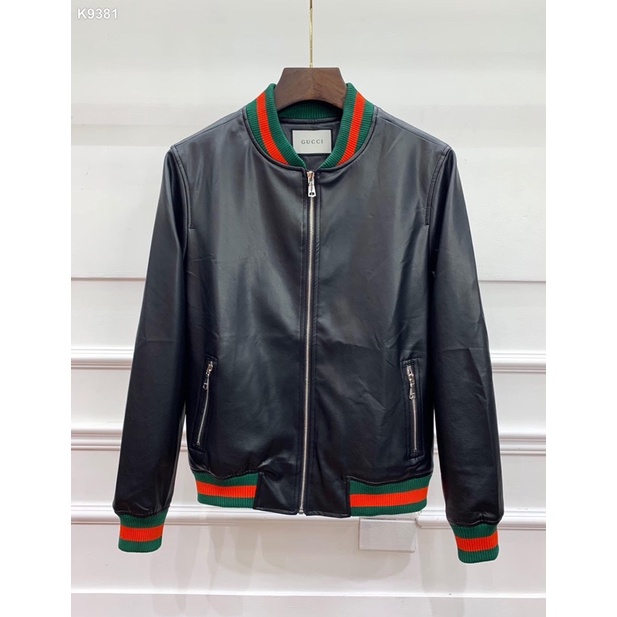 💥CHUẨN 1:1💥Áo khoác Da Bomber Gu Cì da nhập khẩu_Áo da Gu Cì Nam cổ Bomber bo ống hảng xuất khẩu New