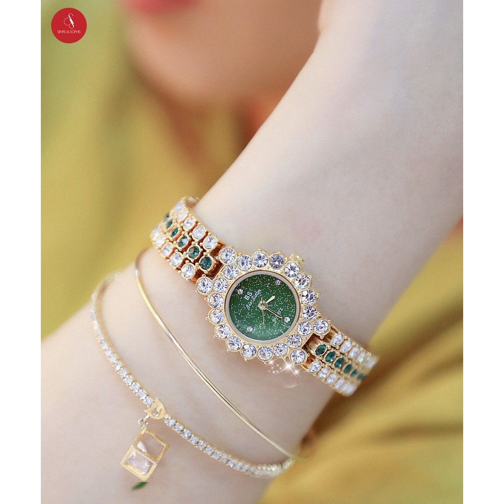 Đồng hồ nữ Bee Sister 1580 đính đá cao cấp 28mm (Xanh/ Vàng hồng/ Bạc) + Tặng hộp đựng đồng hồ thời trang & Pin