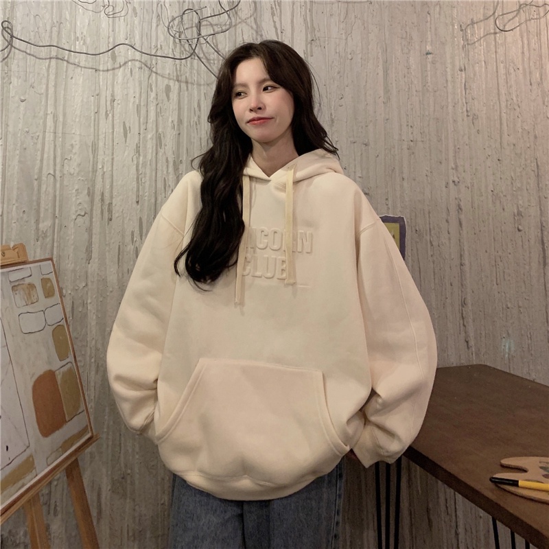 Áo hoodie dáng rộng tay dài vải nhung in chữ thời trang Hàn Quốc  | BigBuy360 - bigbuy360.vn