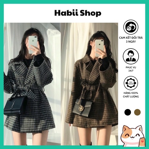 Áo khoác dạ nữ Hàn Quốc dáng ngắn - Áo dạ kẻ caro nữ HABII AD02