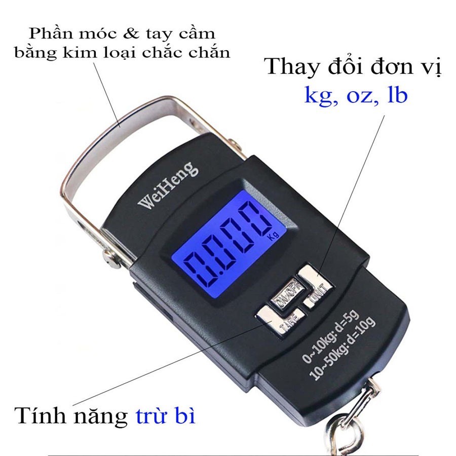 Cân Điện Tử Mini Cầm Tay 50kg Cân Treo Có Móc Cân Hành Lý Màn Hình LCD Siêu Chính Xác Bảo Hành 1 Năm WH -  A 08