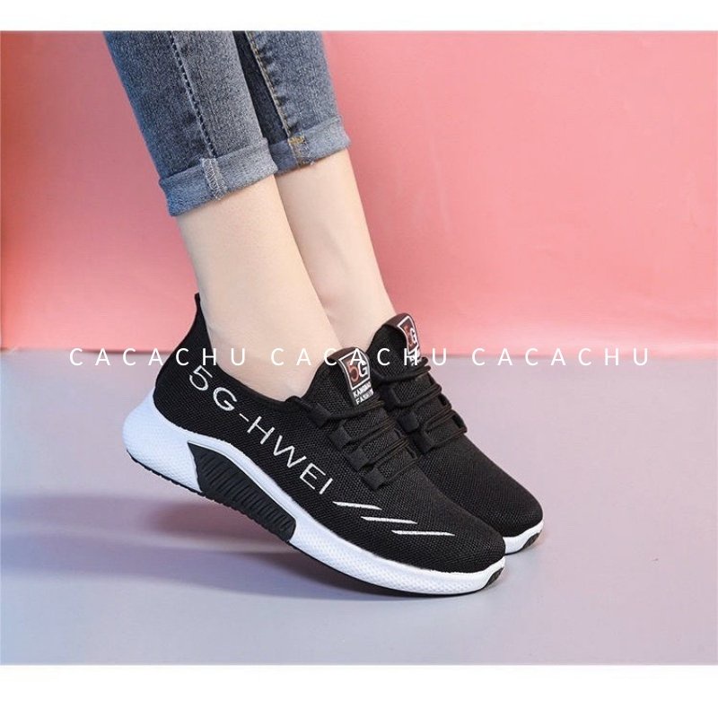 Giày thể thao nữ sneaker đẹp hot 2021 thêu 5G Hwei chạy bộ CACACHU G009, đế siêu êm thoáng khí 2 màu đen be thời trang