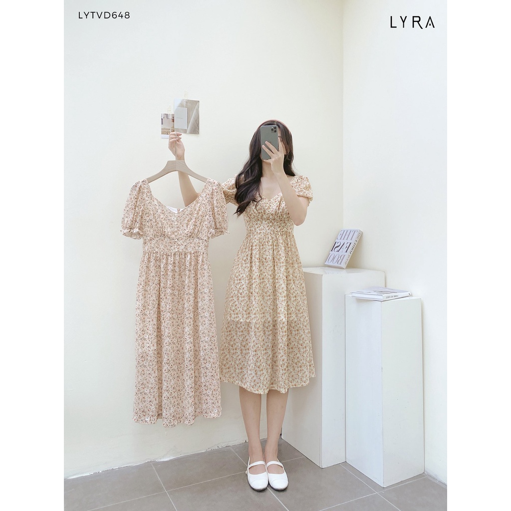 Váy hoa nhí nữ cổ vuông tim tay lỡ thiết kế by LYRA, vái voan cao cấp dáng xòe vintage dịu dàng-LYTVD648