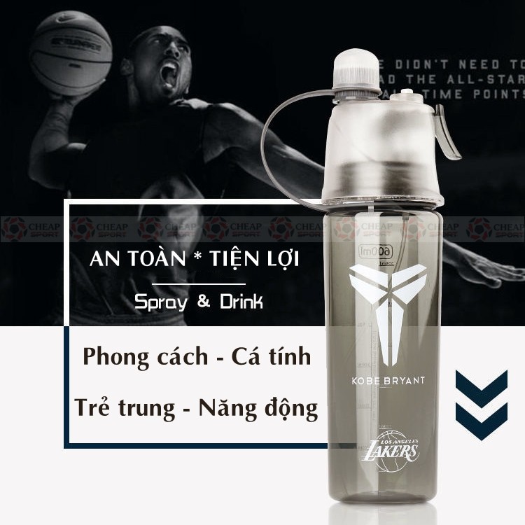 Bình Nước Bóng Rổ Phun Sương NBA 4.0 Dung Tích 600ml Nhựa Nguyên Sinh An Toàn Logo Kobe James Harden Kyrie Curry Durant