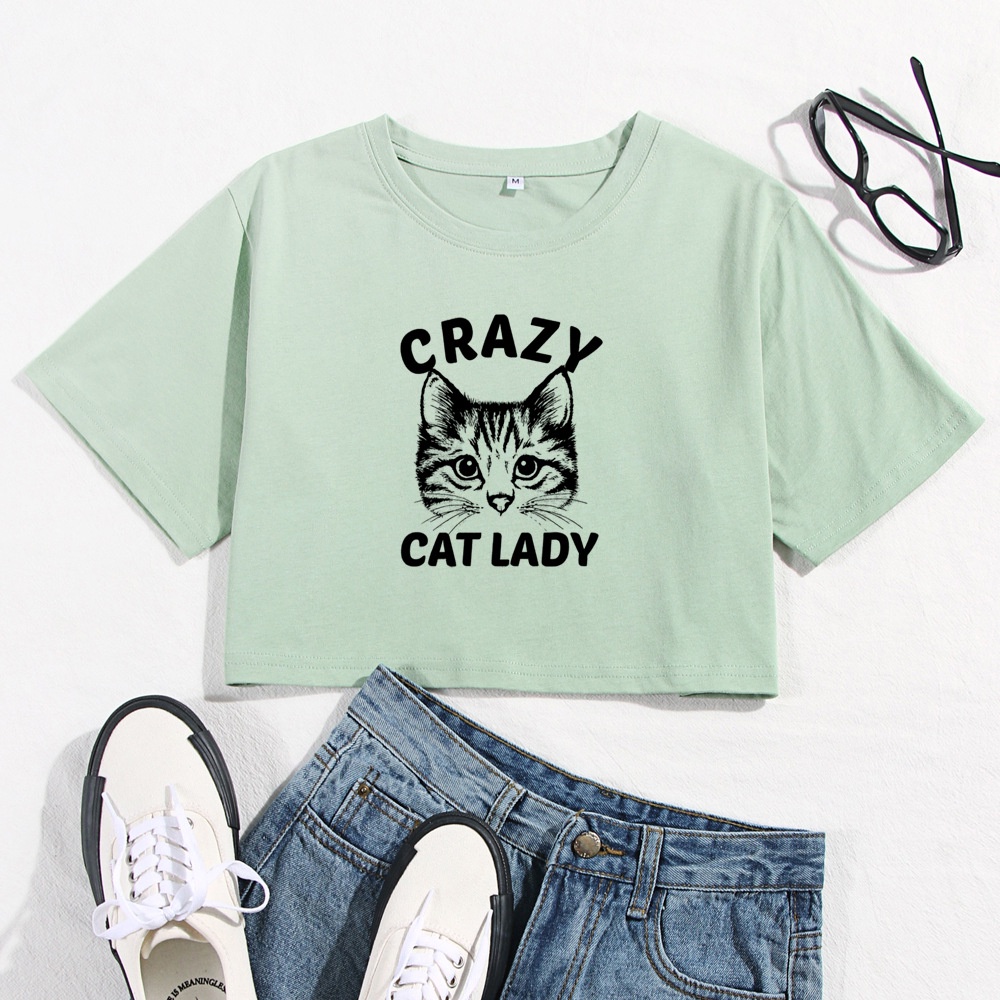 Áo Thun Crotop Form Rộng Tay Ngắn Chất Cotton Mền Mại In Hình Crazy Cat Lady Ulzzang Style Hàn Quốc TTT0129