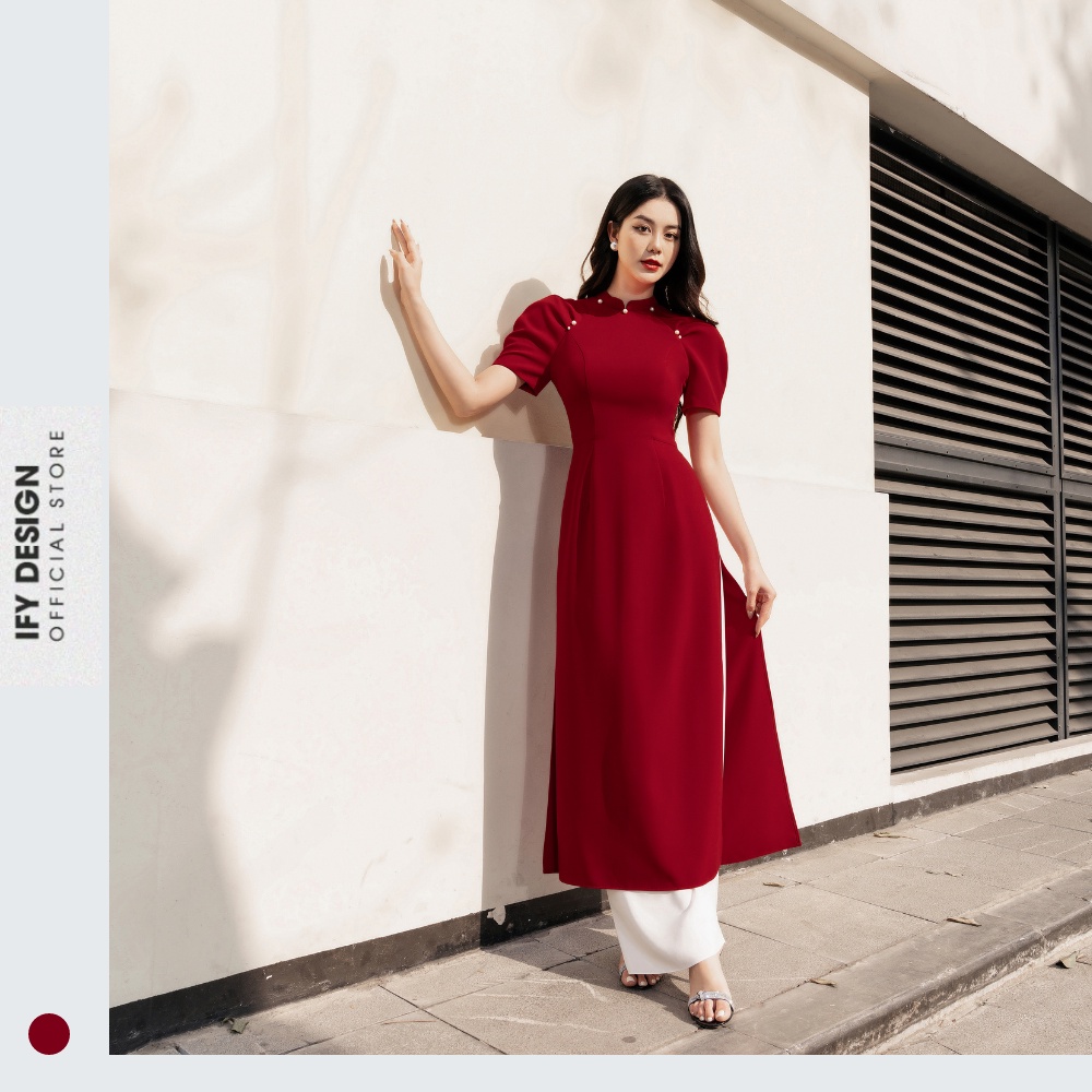Áo dài cách tân đính ngọc tay bồng màu đỏ IFY Design FAD01A