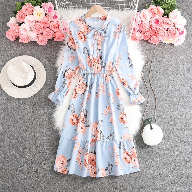 Đầm Midi Chiffon Tay Dài Eo Co Giãn In Họa Tiết Hoa Thời Trang Xuân Hè Cho Nữ