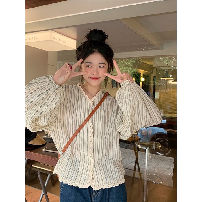 Áo Sơ Mi Nữ Tay Dài Kẻ Sọc Cổ Chữ V Thời Trang Hàn Quốc