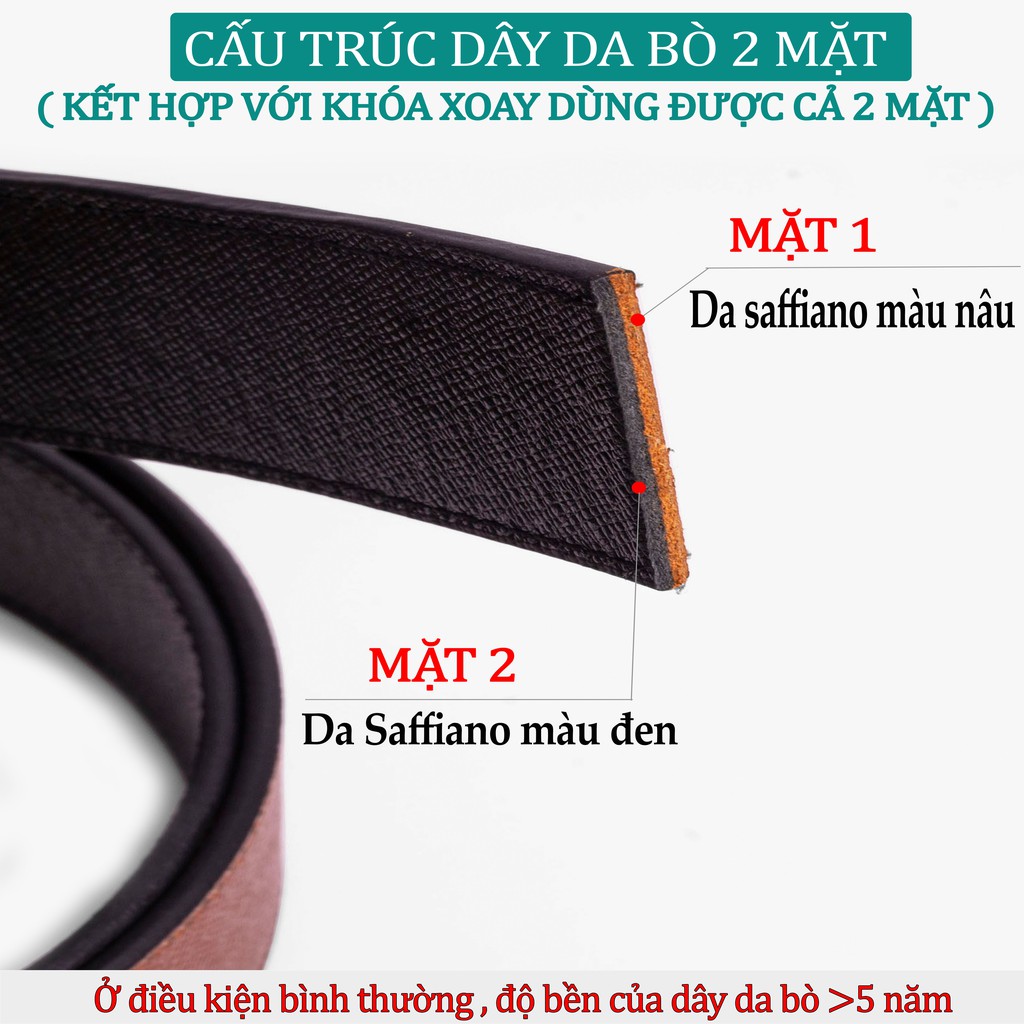 Dây nịt nam L109 da Saffiano-khóa cài xoay dùng được cả 2 mặt nâu đen