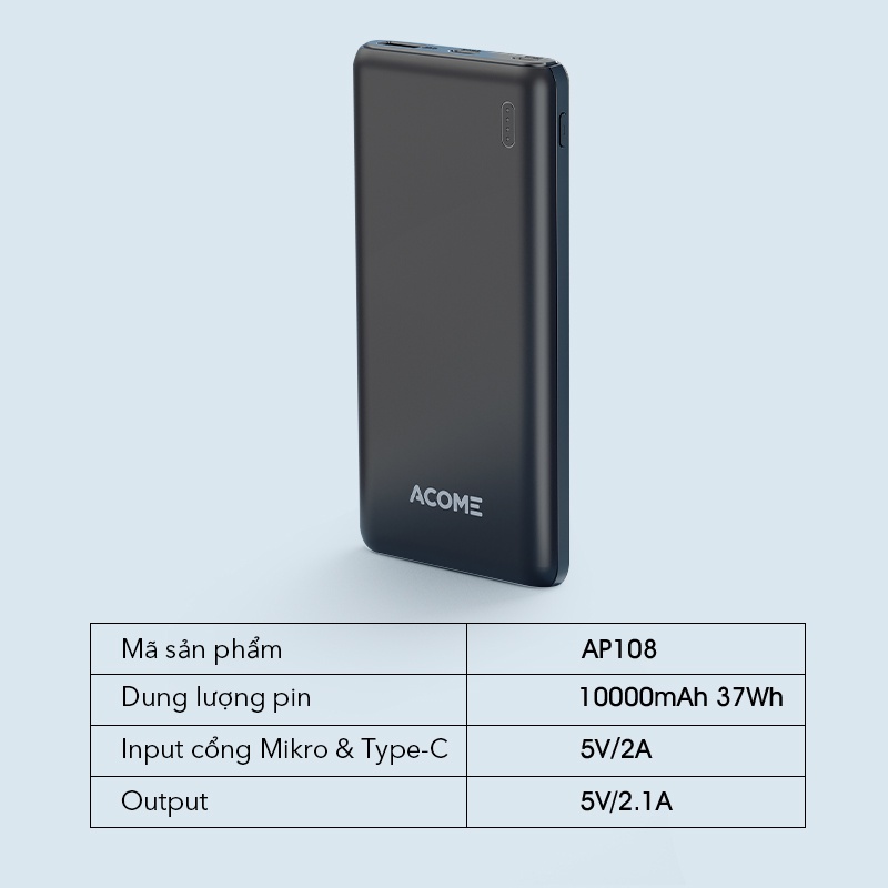 Pin Sạc Dự Phòng ACOME AP108 10000mAh 2 Cổng Sạc Vào Micro Và Type C Sạc Nhanh Chuẩn QC 3.0 Bảo Hành 18 Tháng