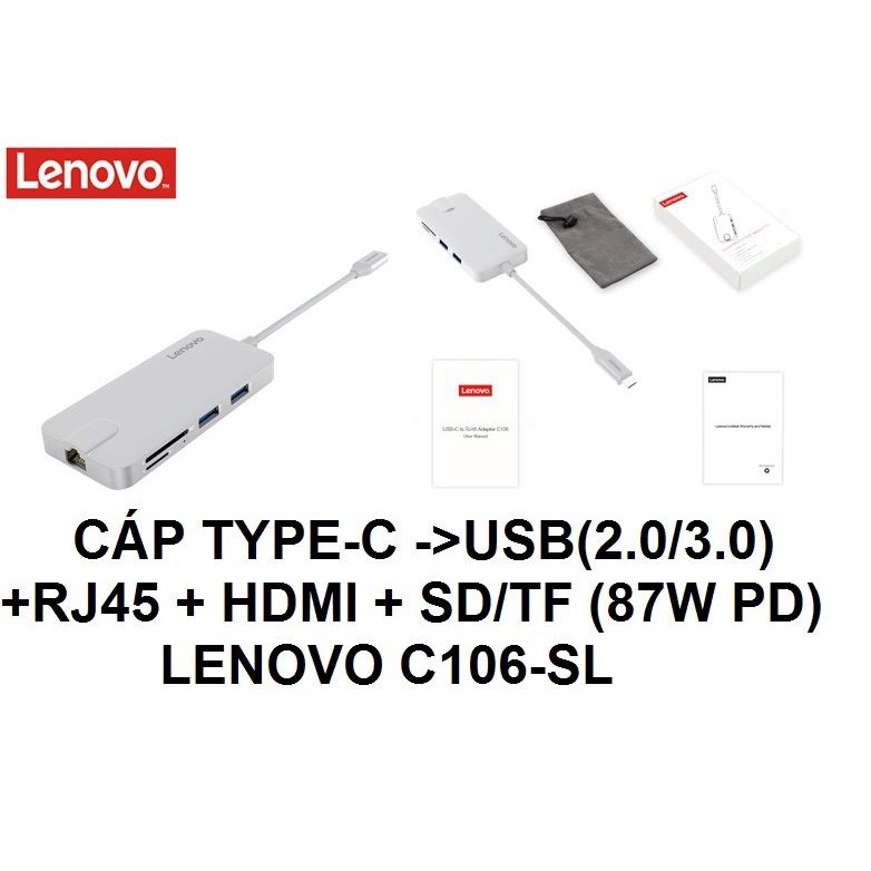 Cáp Type C -&gt; usb (2.0/3.0) RJ45/HDMI/SD/TF LENOVO C106 (87W PD), BỔ CHUYỂN TÍN HIỆU TỪ TYPE C SANG USB RJ45 HDMI SD TF