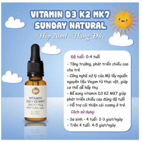 Vitamin D3 K2 Mk7 Sunday Natural 20ml Đức giúp hấp thụ canxi phát triển Chiều Cao cho bé