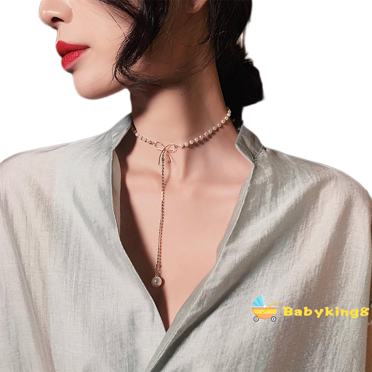 Me-Clavicle Necklace Pearl Rhinestone Adjustable Bow Elegant Noble Fashionable Joker Woman Jewelry Pendant Necklace