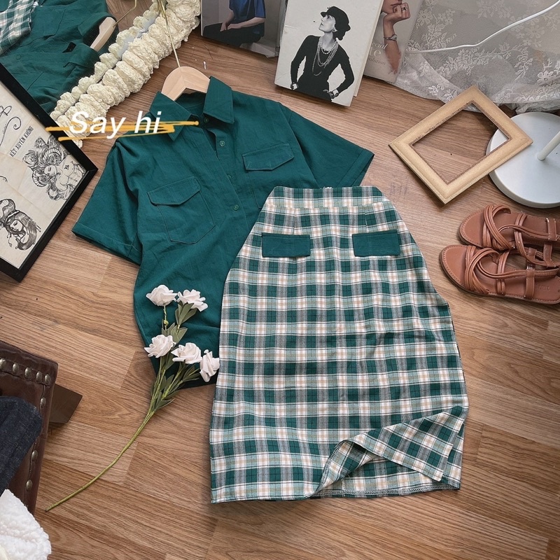 SET ÁO SƠ MI XANH+ CHÂN VÁY CARO MIDI