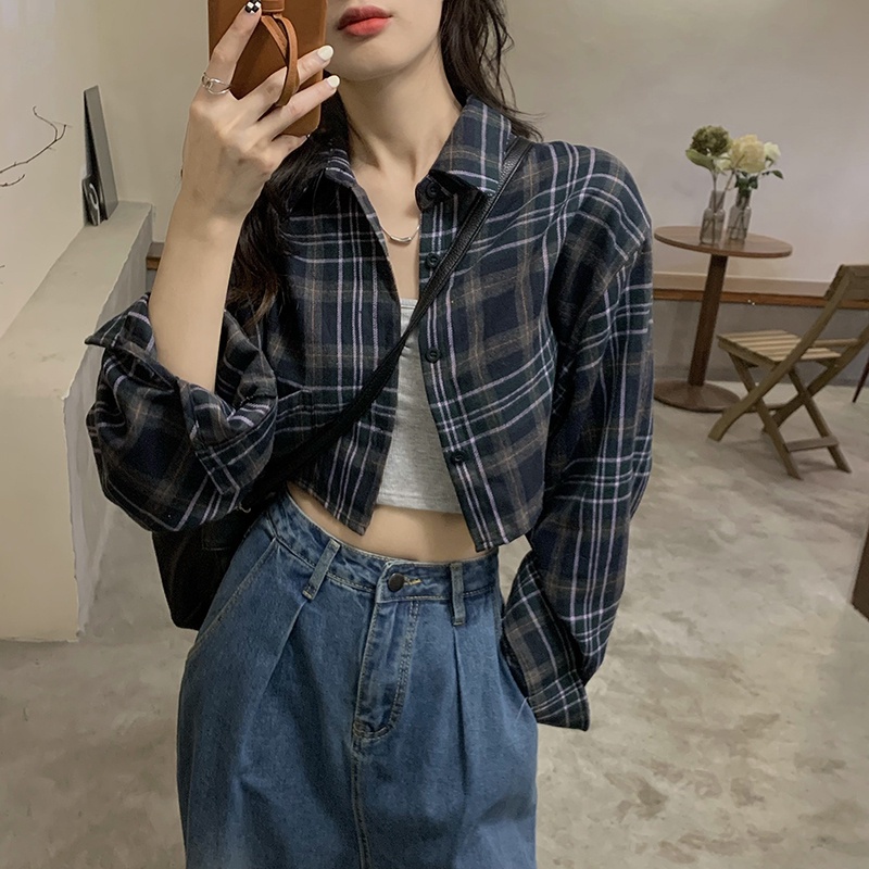 ZHELIHANGFEI Áo sơ mi caro tay dài thời trang cho nữ