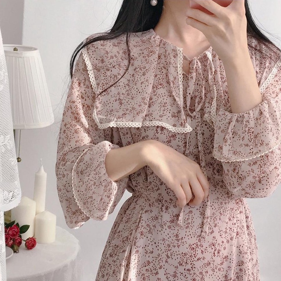 Đầm Voan Hoa Cổ Navy Thắt Dây Eo Thời Trang Hàn Quốc Sang Trọng 32301