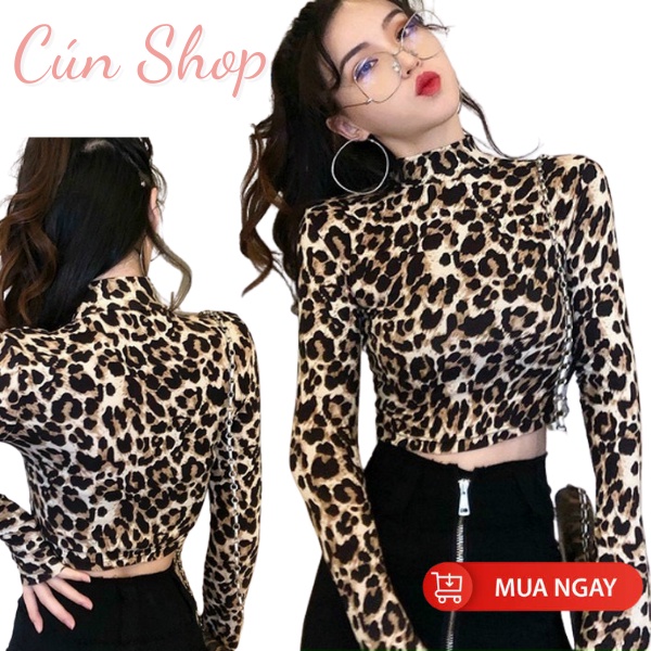 Áo Croptop Tay Dài Cổ Lọ Hoạ Tiết Da Báo / Ngựa Vằn Phong Cách Hàn Quốc