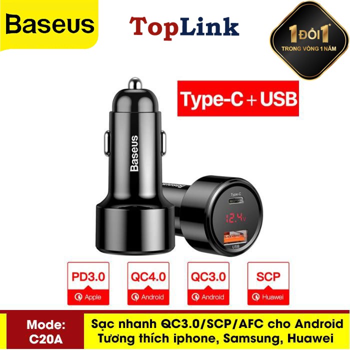 Tẩu Sạc Ô Tô Xe Hơi Baseus Sạc Nhanh 45W Công Nghệ QC 3.0 Cổng Type C và USB A - TopLink