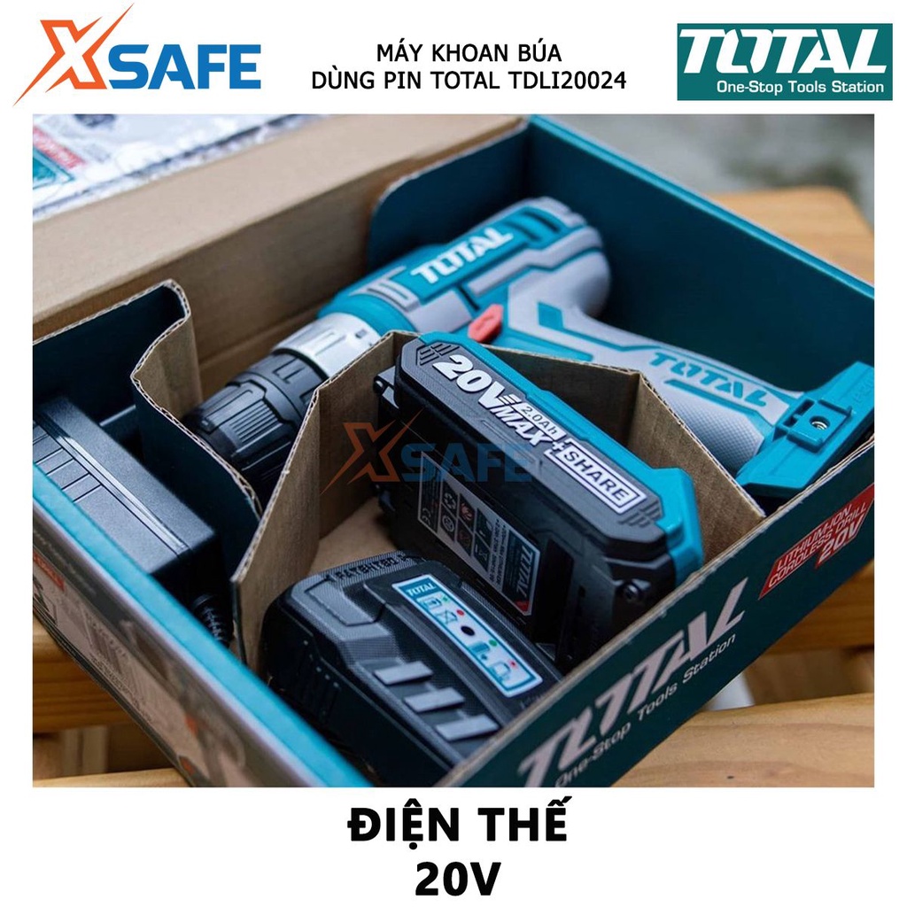 Máy khoan pin cầm tay 20V Total TDLI20024 hai tốc độ 400-1350v/p, có đèn làm việc, kèm 1 pin sạc 2ah, đèn led pin -xsafe