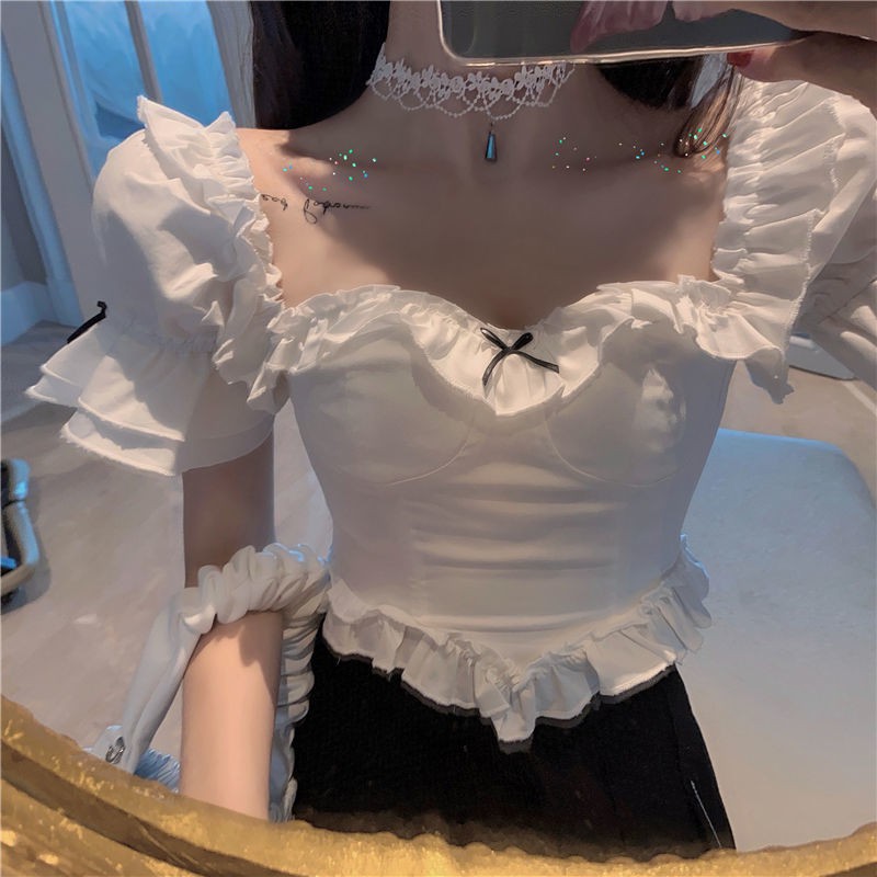 Summer new flounces retro court sexy shoulder two wear girls style slim Joker shirt women