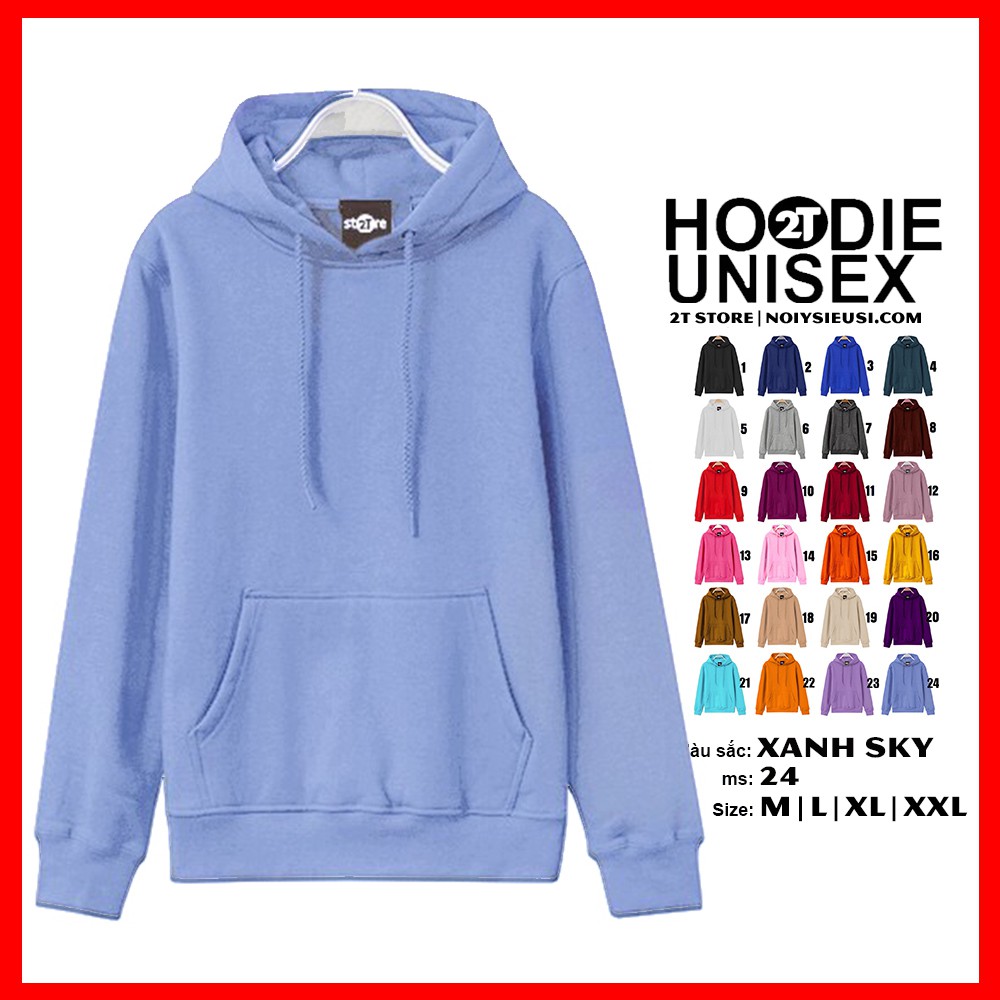 Áo hoodie unisex 2T Store H24 màu xanh da trời Sky - Áo khoác nỉ chui đầu nón 2 lớp dày dặn chất lượng tốt | BigBuy360 - bigbuy360.vn