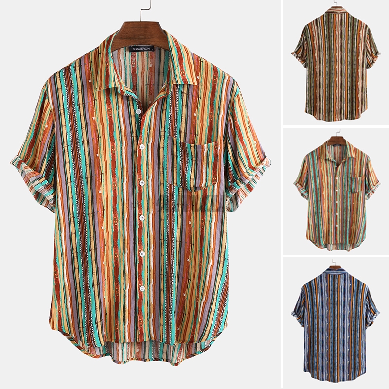**** Men Beach Vintage Striped Casual Short Sleeve Shirt