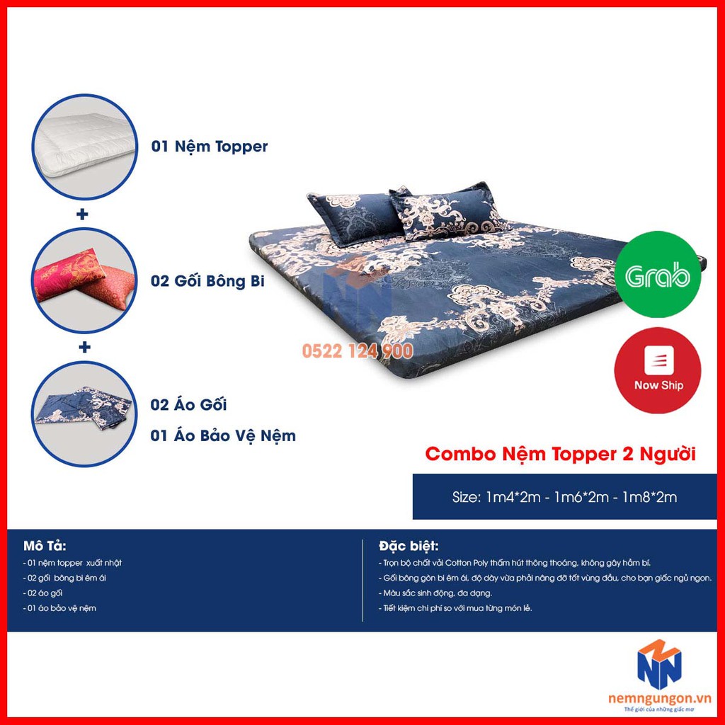 Combo nệm topper xuất Nhật kèm gối, drap - Nệm topper trải sàn cao cấp - đồng bộ màu sắc [Đủ size] - Màu ngẫu nhiên