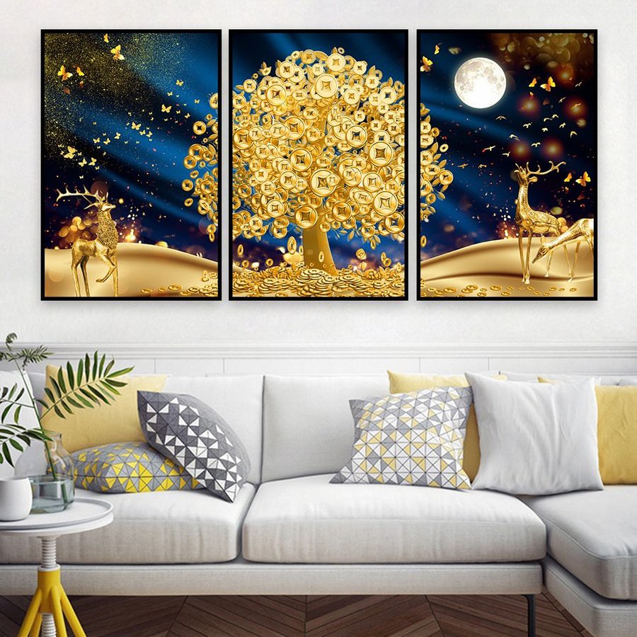 Tranh treo tường canvas cây đồng tiền và hươu vàng decor trang trí phòng khách, phòng ngủ có khung cao cấp khổ lớn 40x60