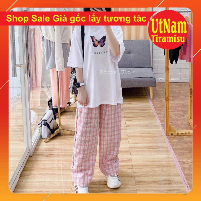 sét áo bướm + quần kẻ cúc hồng, form thụng tay lỡ,unisex giá rẻ