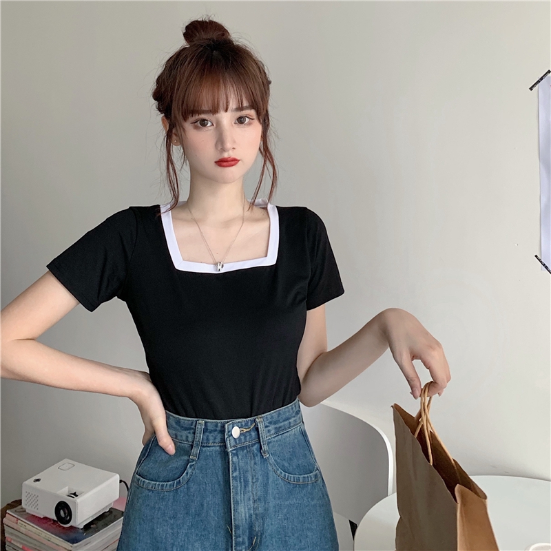 SUXI Áo Thun Tay Ngắn Cổ Vuông Màu Trơn Quyến Rũ Dành Cho Nữ