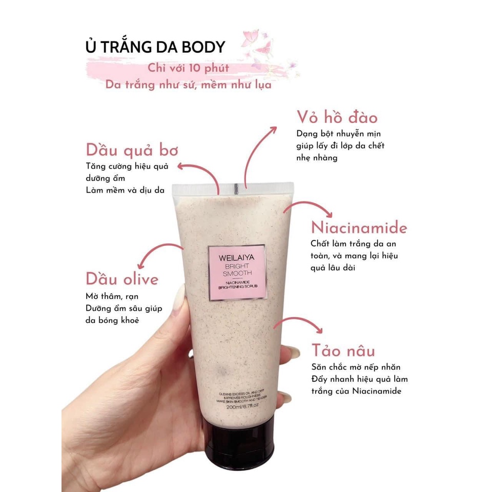 Tẩy Da Chết, Ủ Trắng Da Body Weilaiya Niacinamide Brightening Scrub 200ml - Củng Cố Làn Da Sáng Min.