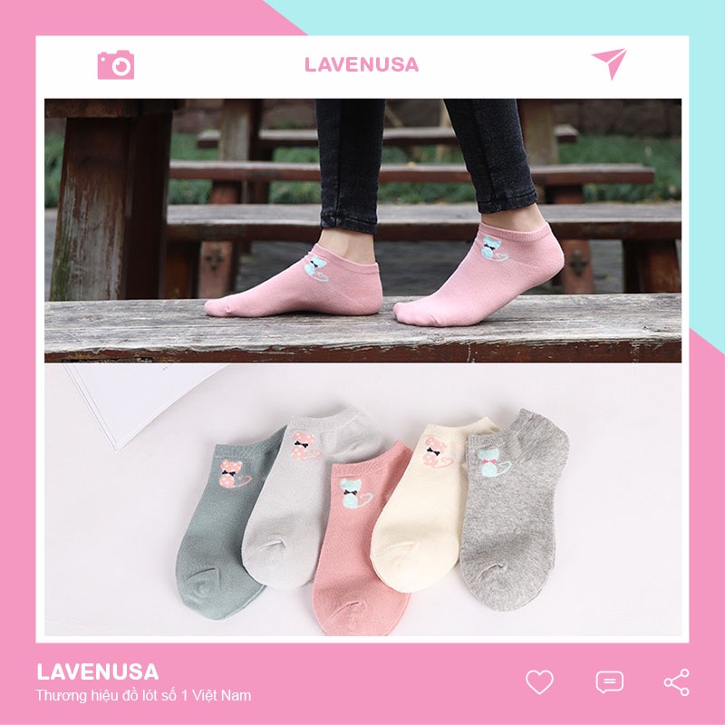 Tất vớ nữ cổ ngắn cao cấp hình mèo dễ thương chất cotton set 5 đôi LAVENUSA T32