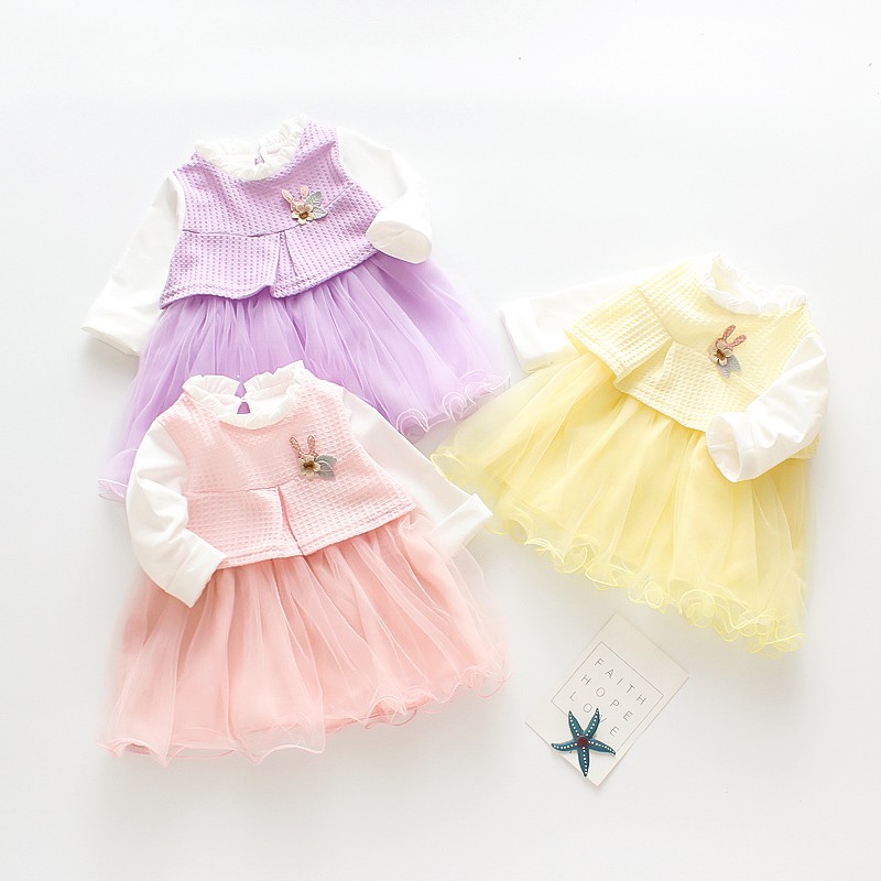 Đầm vải sợi mỏng dài tay phong cách công chúa đáng yêu dành cho bé gái 0-3 tuổi