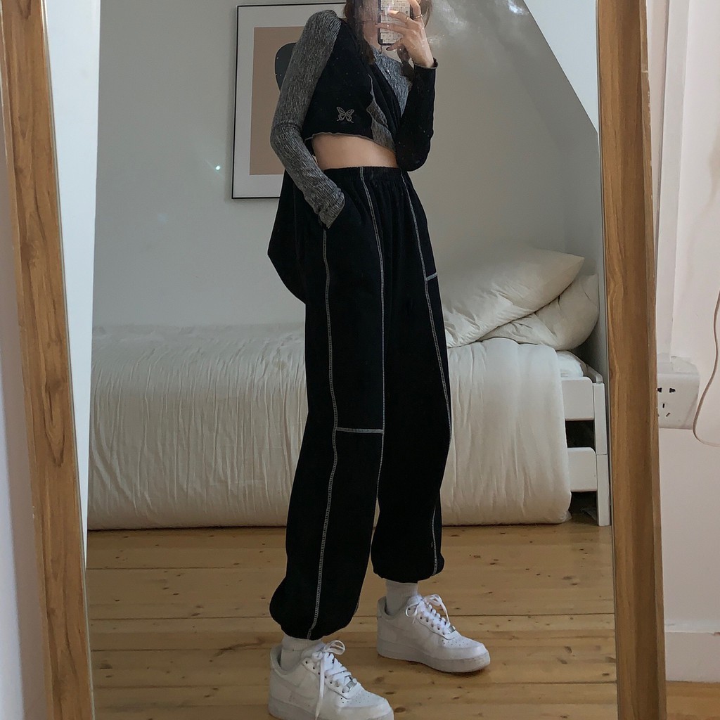 Quần jogger ống rộng cạp cao họa tiết viền chỉ trắng dáng suông phong cách ulzzang_ranstore | BigBuy360 - bigbuy360.vn
