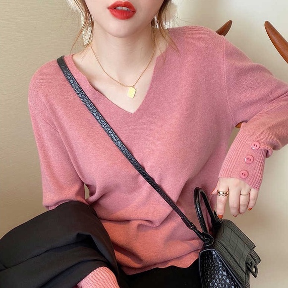 【ZHELIHANGFEI】Áo Len Tay Dài Form Rộng Cổ Chữ V Dễ Phối Đồ