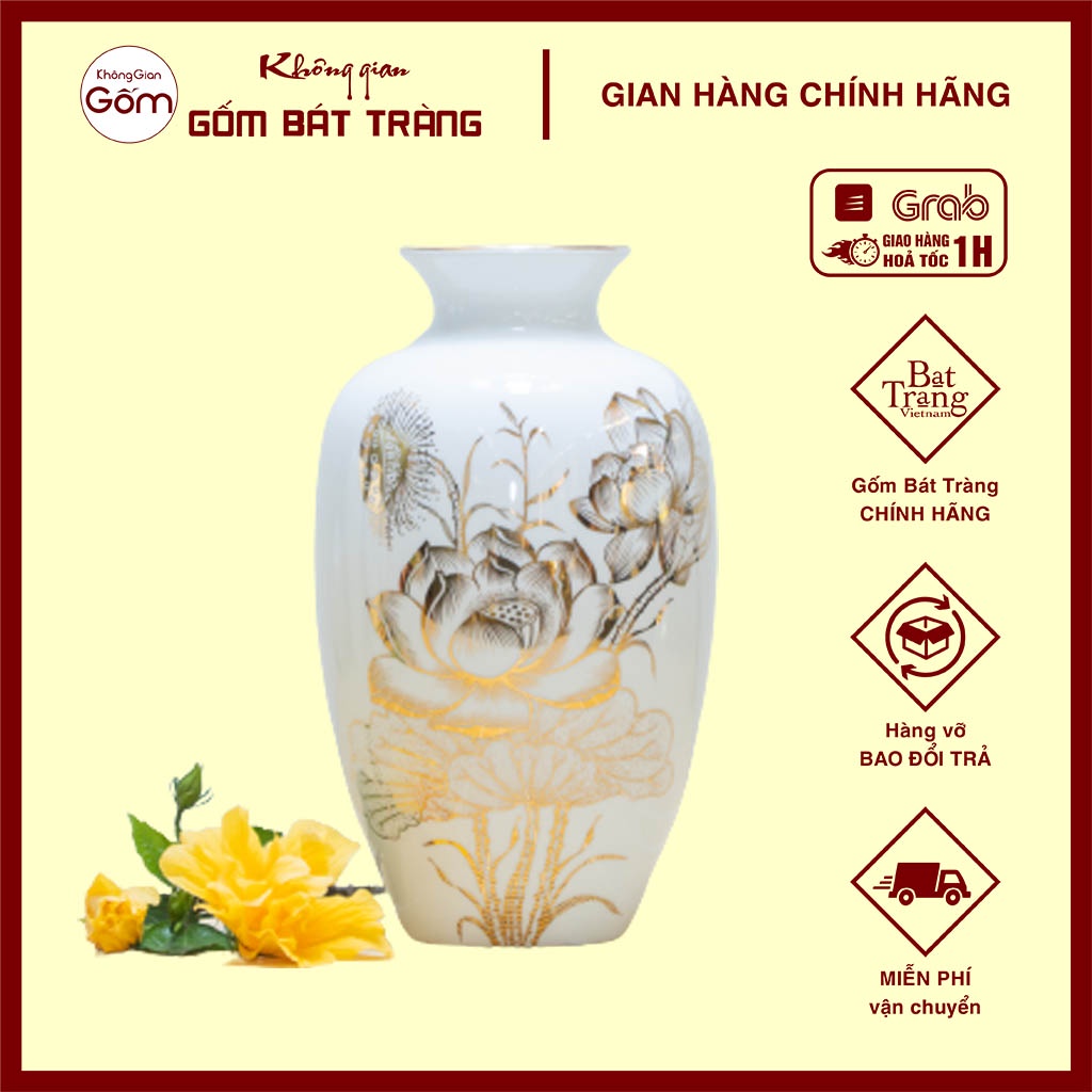 Lọ hoa sứ trắng Bát Tràng hoa sen vẽ vàng kim