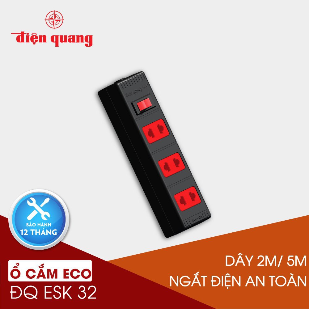 Ổ cắm Điện Quang ECO ĐQ ESK 2BR 32 ECO (3 lỗ 2 chấu , dây dài 2m màu đen đỏ)