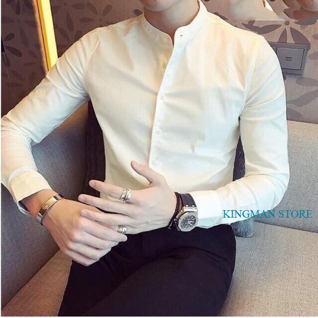 Áo Sơ Mi Nam Cổ Tàu Dài Tay Hàng VNXK Cao Cấp, Áo Sơ Mi Nam Trắng Đen Côt Trụ Lụa Co Dãn Nhẹ Thấm Hút Mồ Hôi Không Nhăn