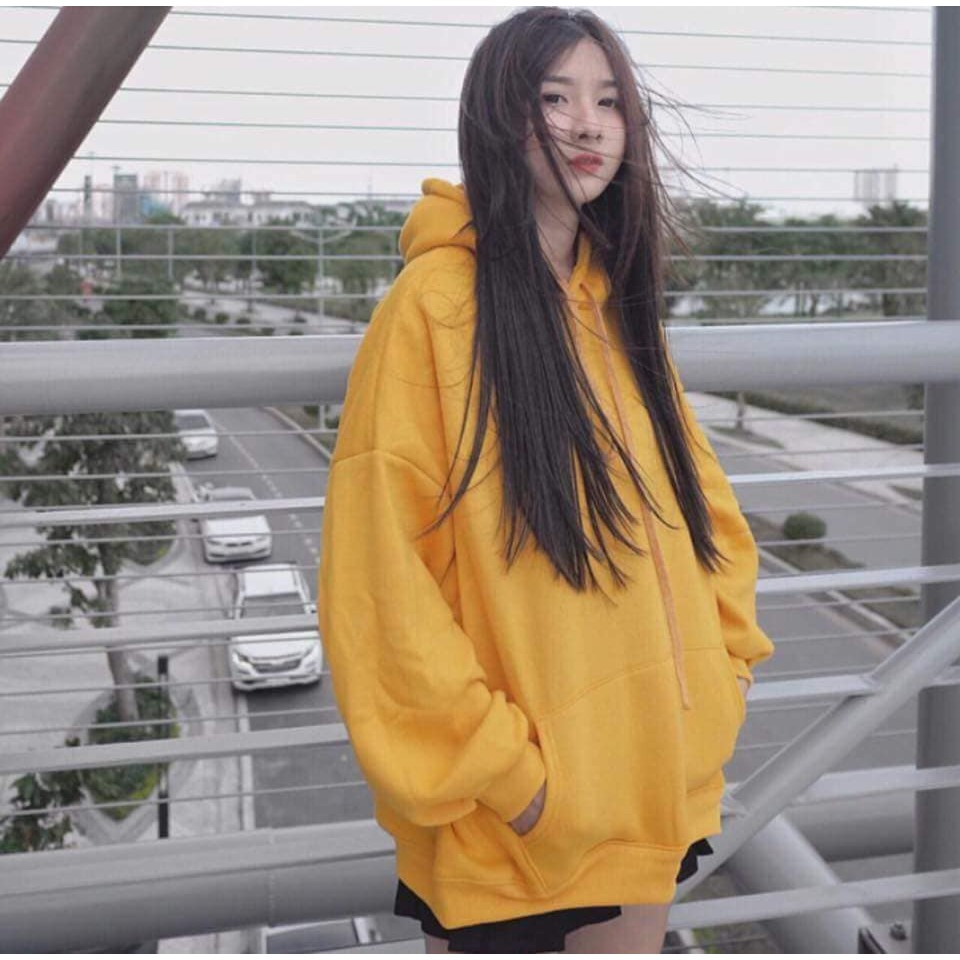 Hoddie nỉ bông vàng tươi unisex - Khoác nỉ chui đầu vàng chuối có nón ( Ảnh thật + Video )