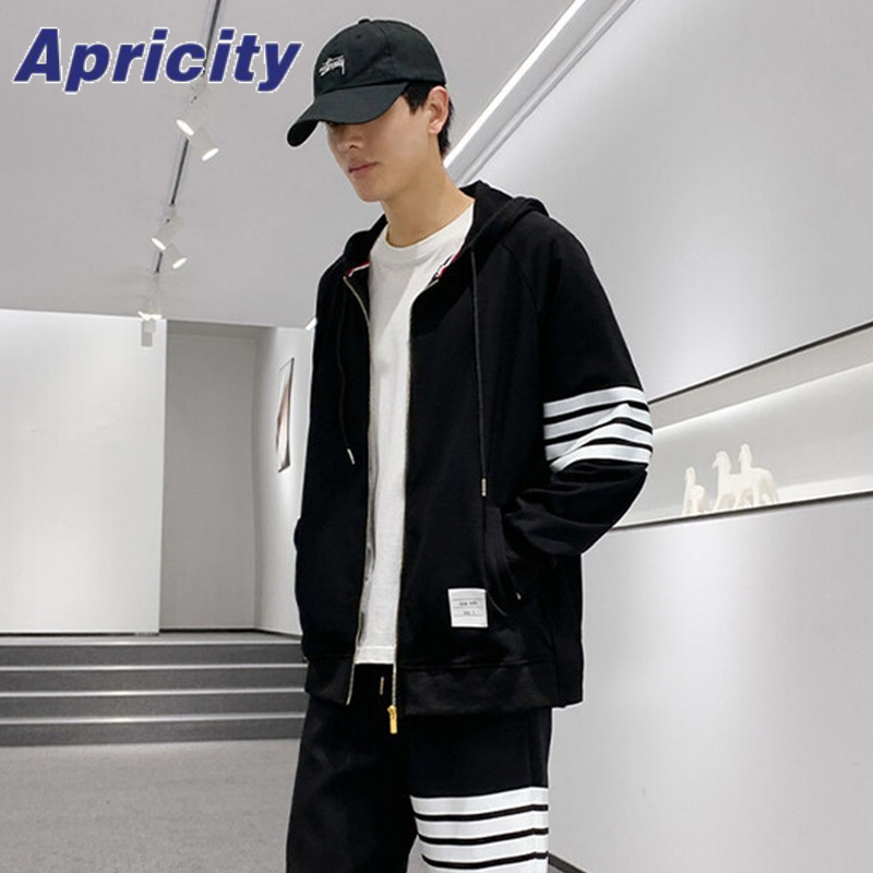 Aprilicity Áo Khoác cardigan Có Mũ Trùm Bằng Nhung Lông Cừu Phối Dây Xích Bốn Sọc Cho Cặp Đôi Mùa Thu Và Mùa Đông