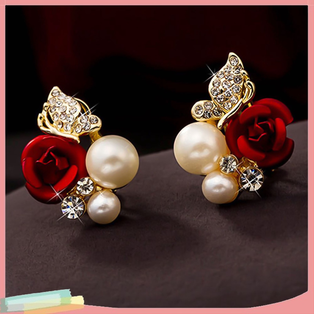 Đôi Khuyên Tai HìNh Hoa HồNg ĐíNh Kim Cương Giả ThờI Trang Cho Nữ