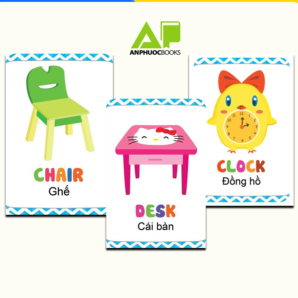 48 Thẻ Học Thông Minh Bé Nhận Biết Và Tô Màu Đồ Vật Gia Đình - Thẻ In 2 Mặt, Kích Thước 10 x 15 cm, Song Ngữ Anh - Việt