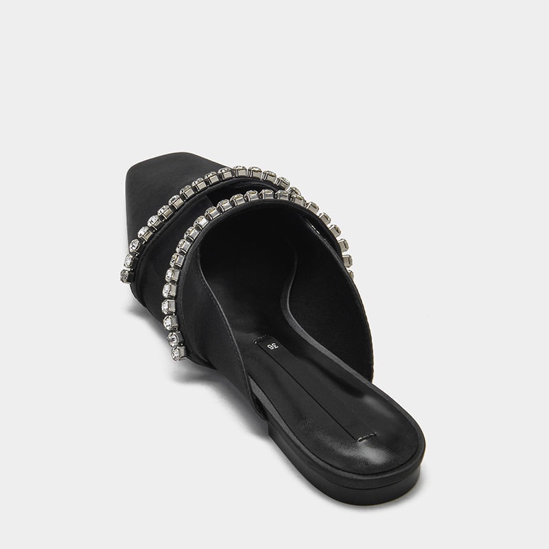 2022 mùa xuân và mùa hè mới đáy phẳng mules Pháp bán đường mòn đầu vuông rhinestone giày dép nữ
