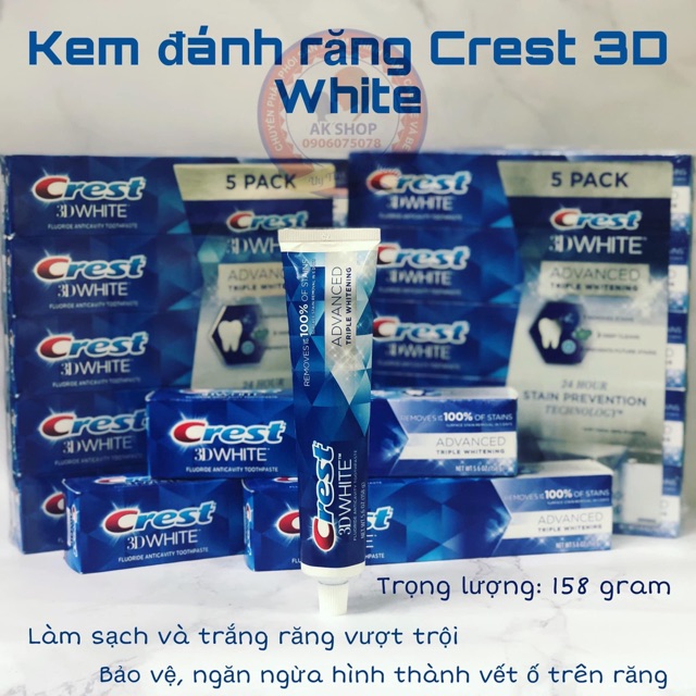 Kem đánh răng Crest 3D White 158g hàng chính hãng