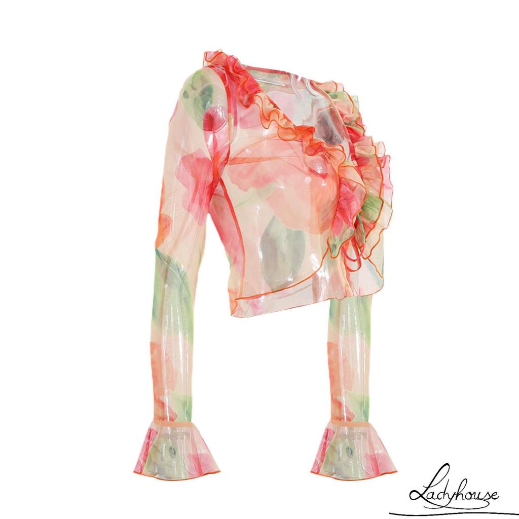 Áo Khoác Cardigan Xuyên Thấu In Họa Tiết Hoa Màu Cam Cho Nữ